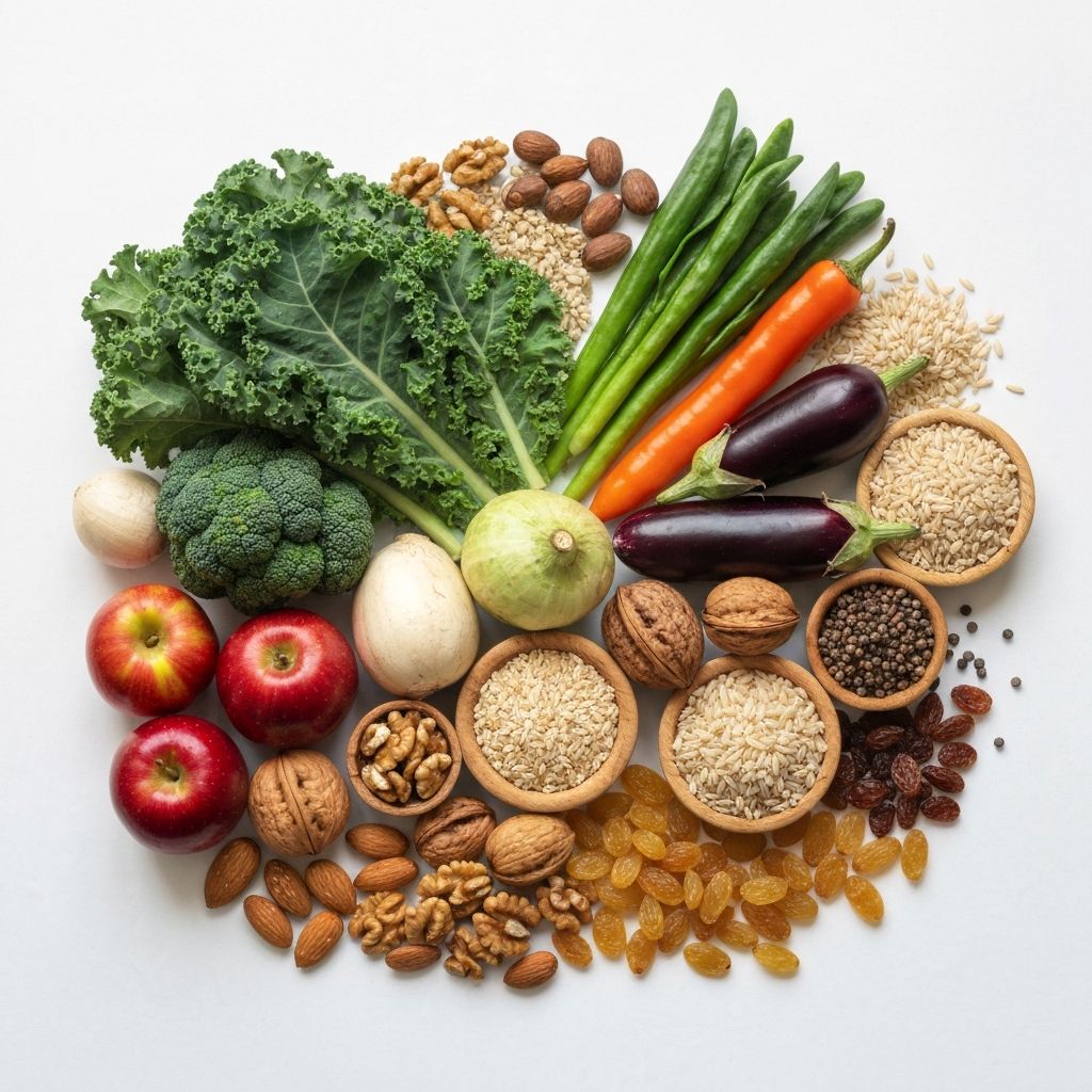 Array of colorful whole foods including fresh produce and grains